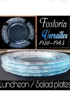 4 Vintage Fostoria Versailles etched Azure clear blue Luncheon / salad p…